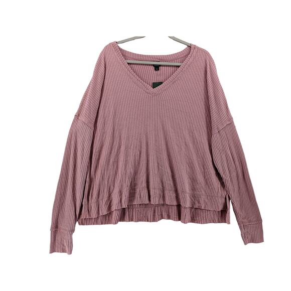Wild Fable Oversize Sweater L Pink Ribbed Knit Hi Low Boxy Side Slit V Neck Top - Picture 12 of 13